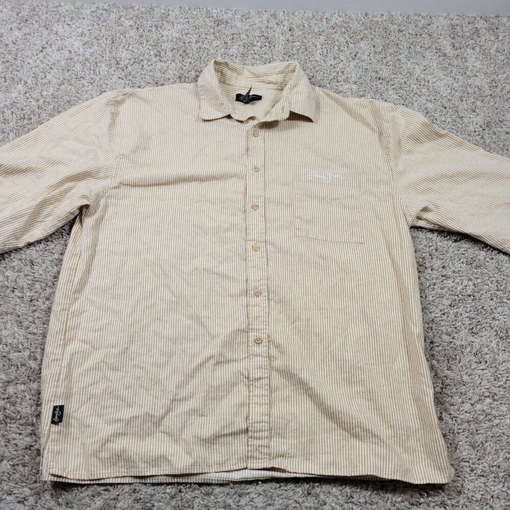 Sean John Shirt Mens 2XL Brown Striped Button Up Linen Blend Short Sleeve